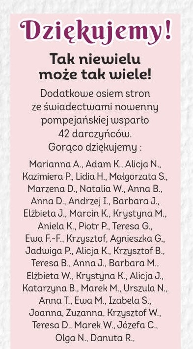 Darczyńcy na 8 stron dla Królowej Różańca Świętego